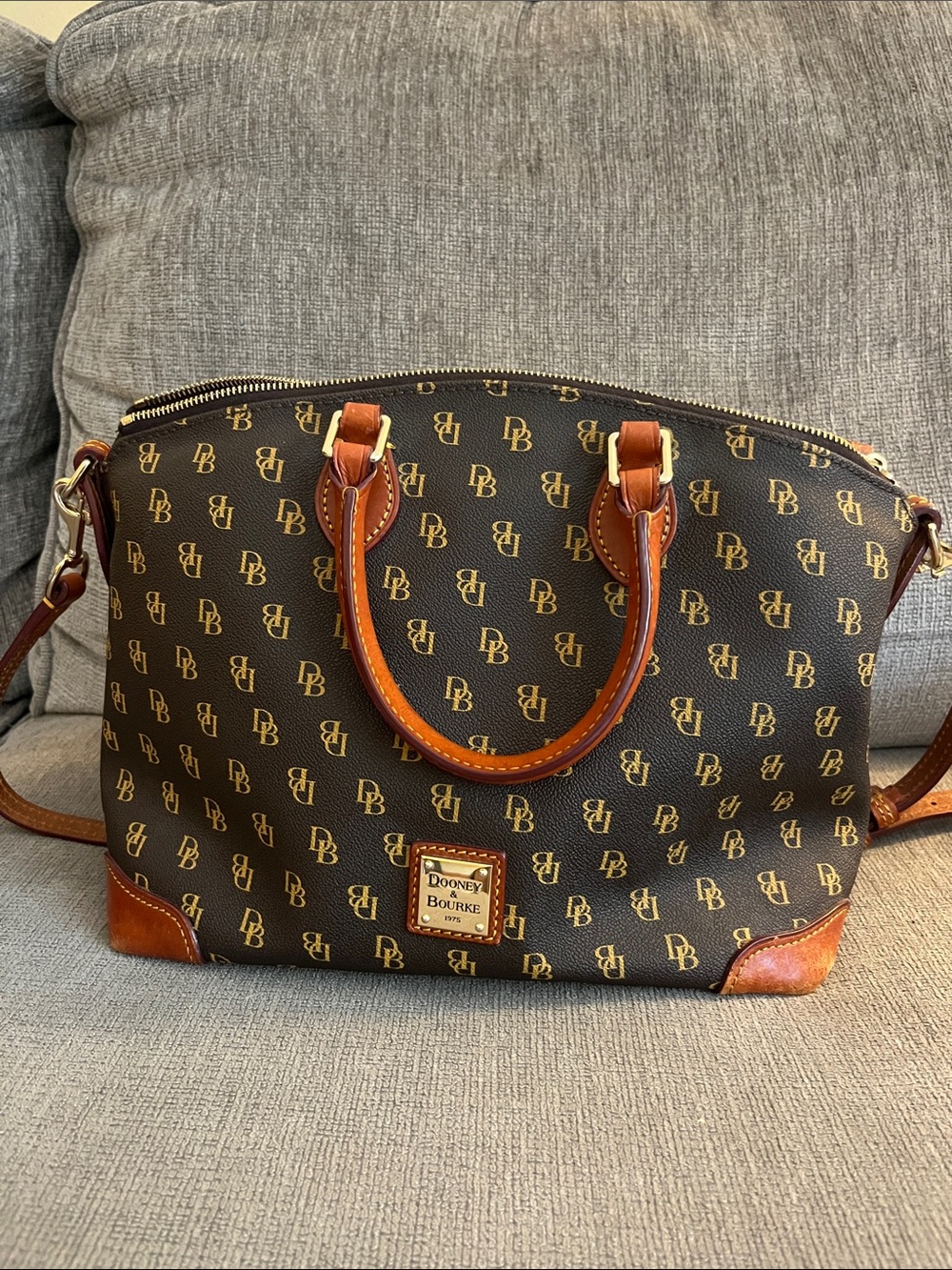 Dooney & Bourke Brown Monogram Messenger Bag with Tan Trim
